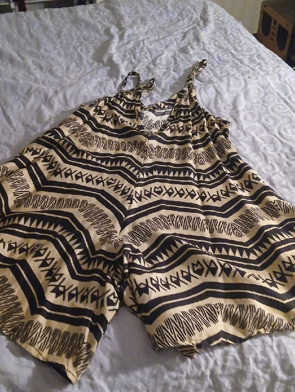 Hawaiian Tribal Print Beige and Black Sleeveless Romper